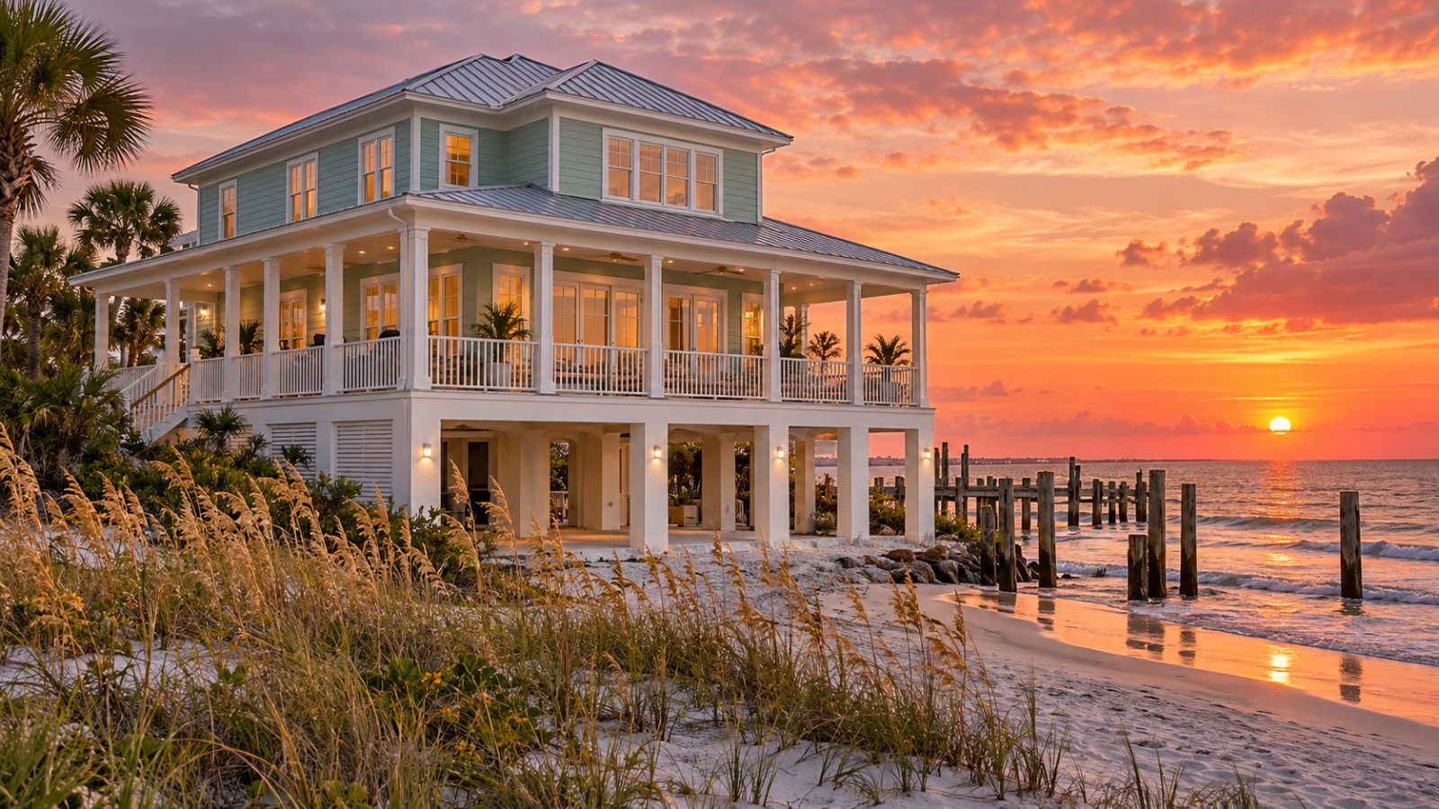 Custom coastal home on Madeira Beach at sunset